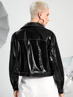 Drop Shoulder Flap Pocket PU Leather Jacket