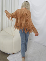 Fringe Trim Dolman Sleeve Open Front Cardigan