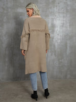 Fringe Trim Drop Shoulder Patched Pocket Open Front Cardigan