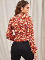 Floral Print Lantern Sleeve Knot Front Crop Top