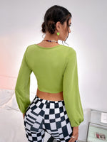 Lantern Sleeve Drawstring Ruched Front Crop Tee