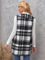 Plaid Print Open Front Sleeveless Overcoat