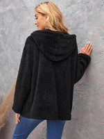 O-ring Zip Front Drop Shoulder Drawstring Hooded Teddy Jacket