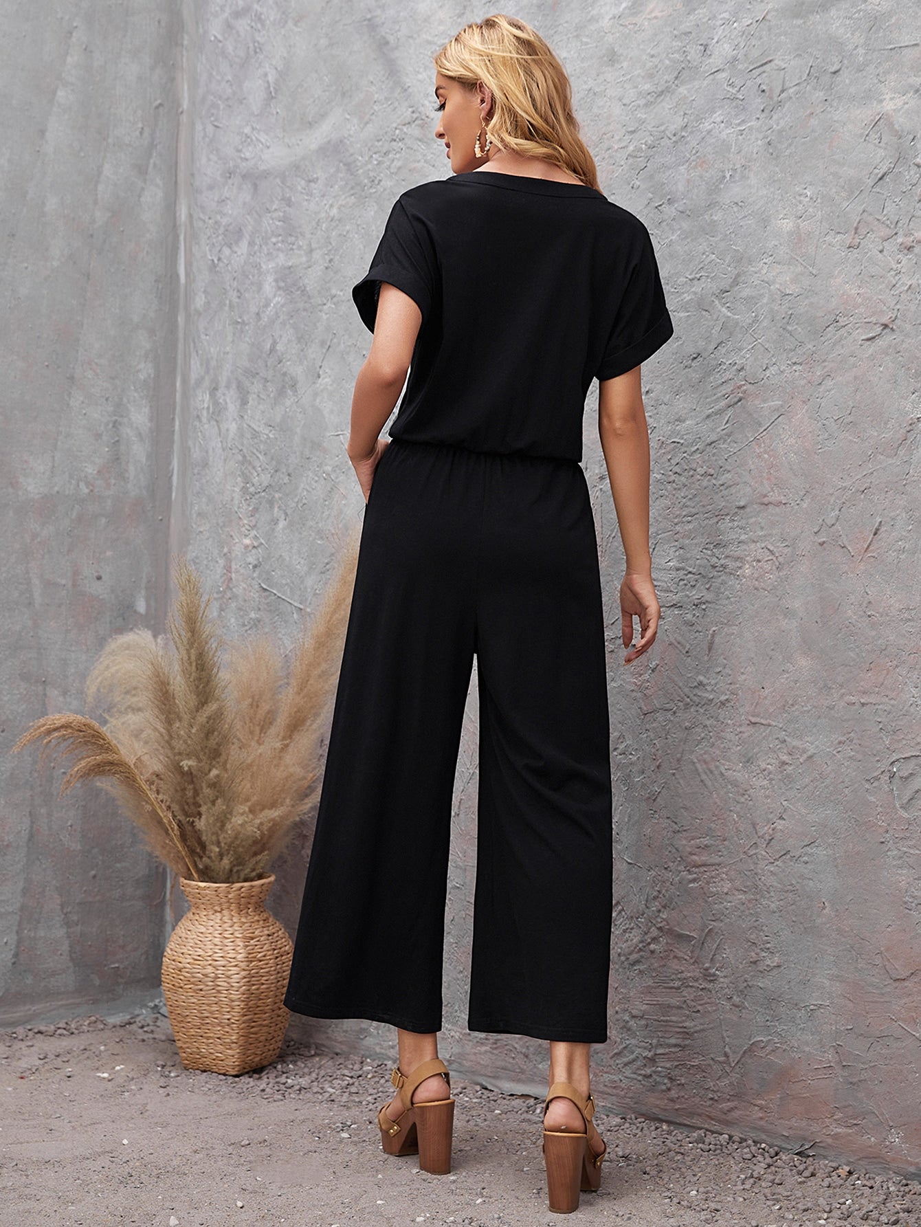 Notch Neck Slant Pocket Wide Leg Jumpsuit