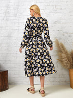 Allover Floral Print Lantern Sleeve Belted Dress
