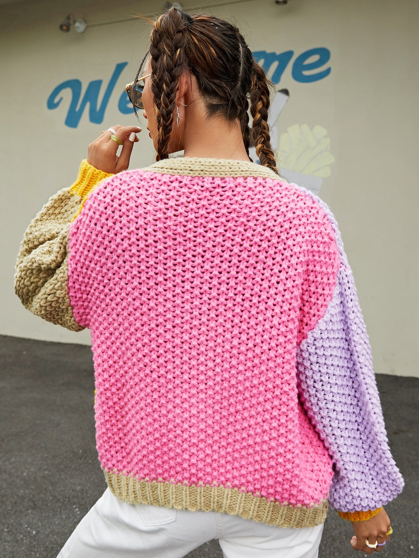 Single Breasted Colorblock Waffle Knit Cardigan