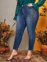 Plus High Waist Rhinestone Pattern Bleach Wash Skinny Jeans