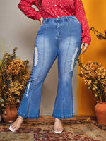 Plus High Waist Bleach Wash Pearls Beaded Ripped Frayed Flare Leg Jeans
