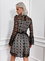 Eilly Bazar Mesh Insert Mock Neck Flounce Sleeve Lace Dress