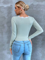 Ribbed Knit Lace Trim Button Front Crop Tee