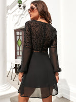 Guipure Lace Insert Lantern Sleeve Chiffon Dress