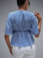 Ditsy Floral Surplice Neck Butterfly Sleeve Peplum Blouse