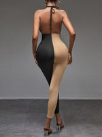 Two Tone Cut Out Halter Neck Backless Unitard Jumpsuit
