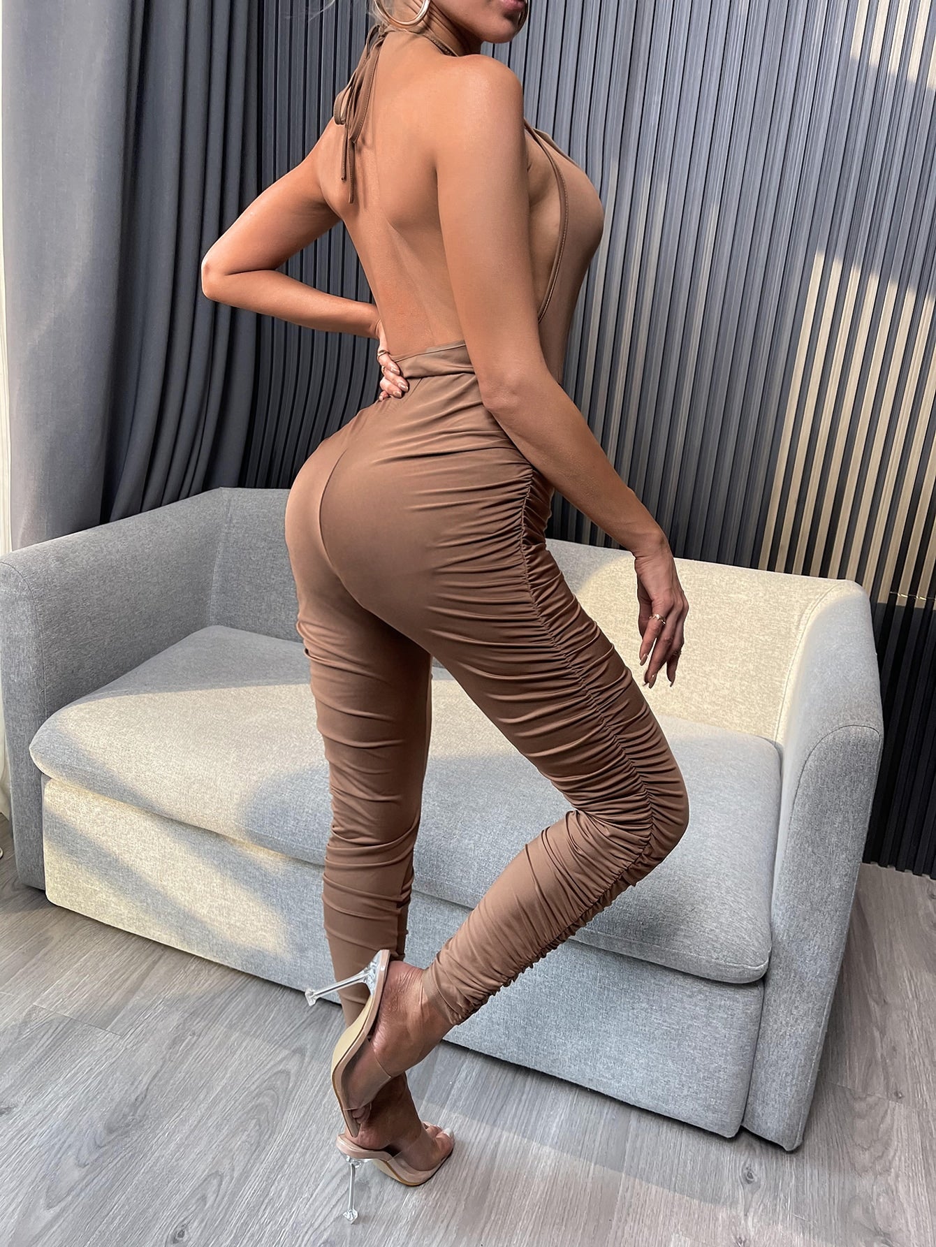 Ruched Side Backless Halter Jumpsuit