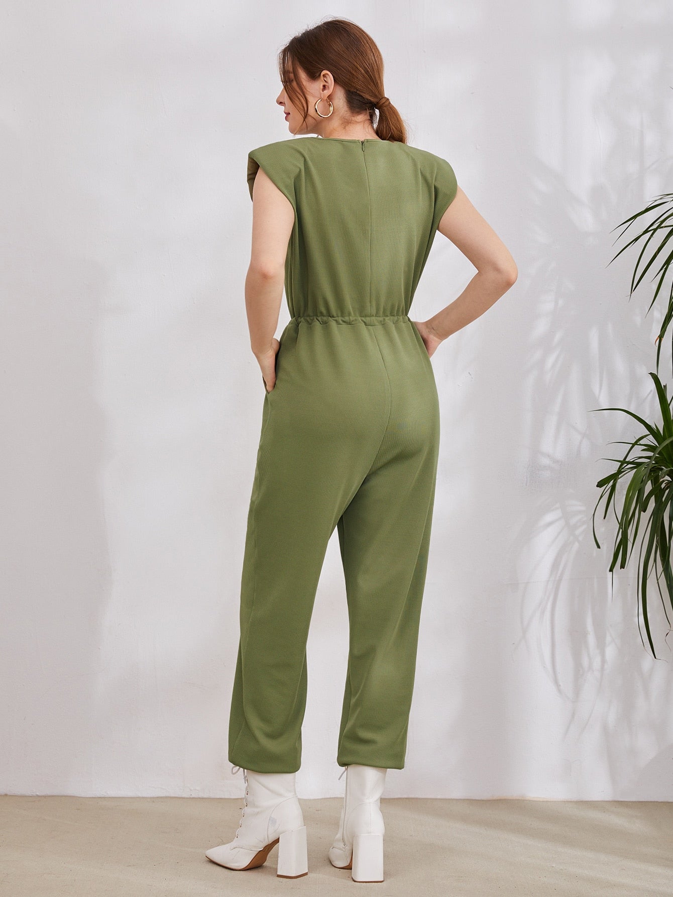 Drawstring Waist Shoulder Pads Jumpsuit