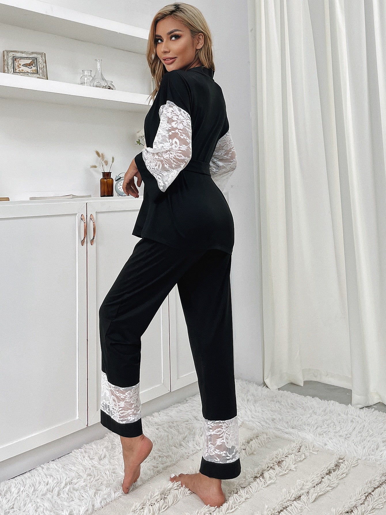 Lace Panel Belted Robe & Pants PJ Set