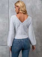 Solid Lantern Sleeve V Neck Rib-knit Tee