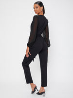 Sheer Lantern Sleeve Belted Cropped Jumpsuit