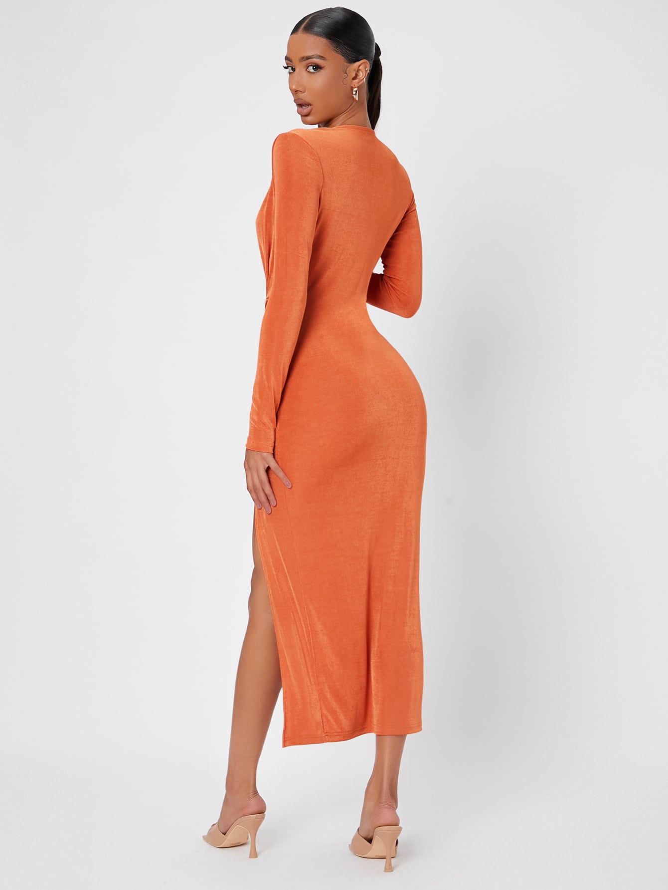 Surplice Neck Ruched Split Thigh Dress
