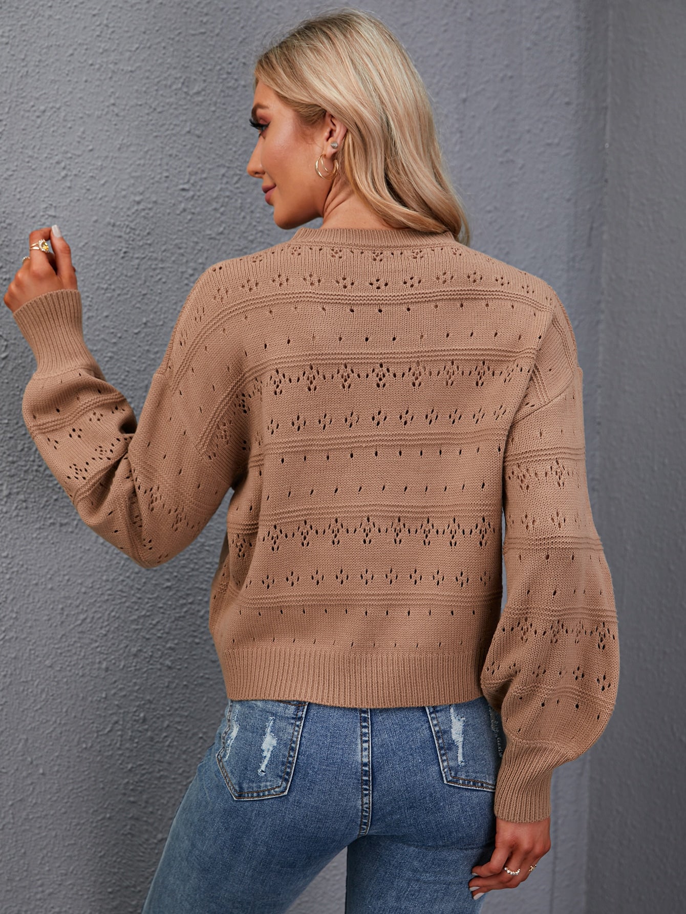 Pointelle Knit Lantern Sleeve Sweater