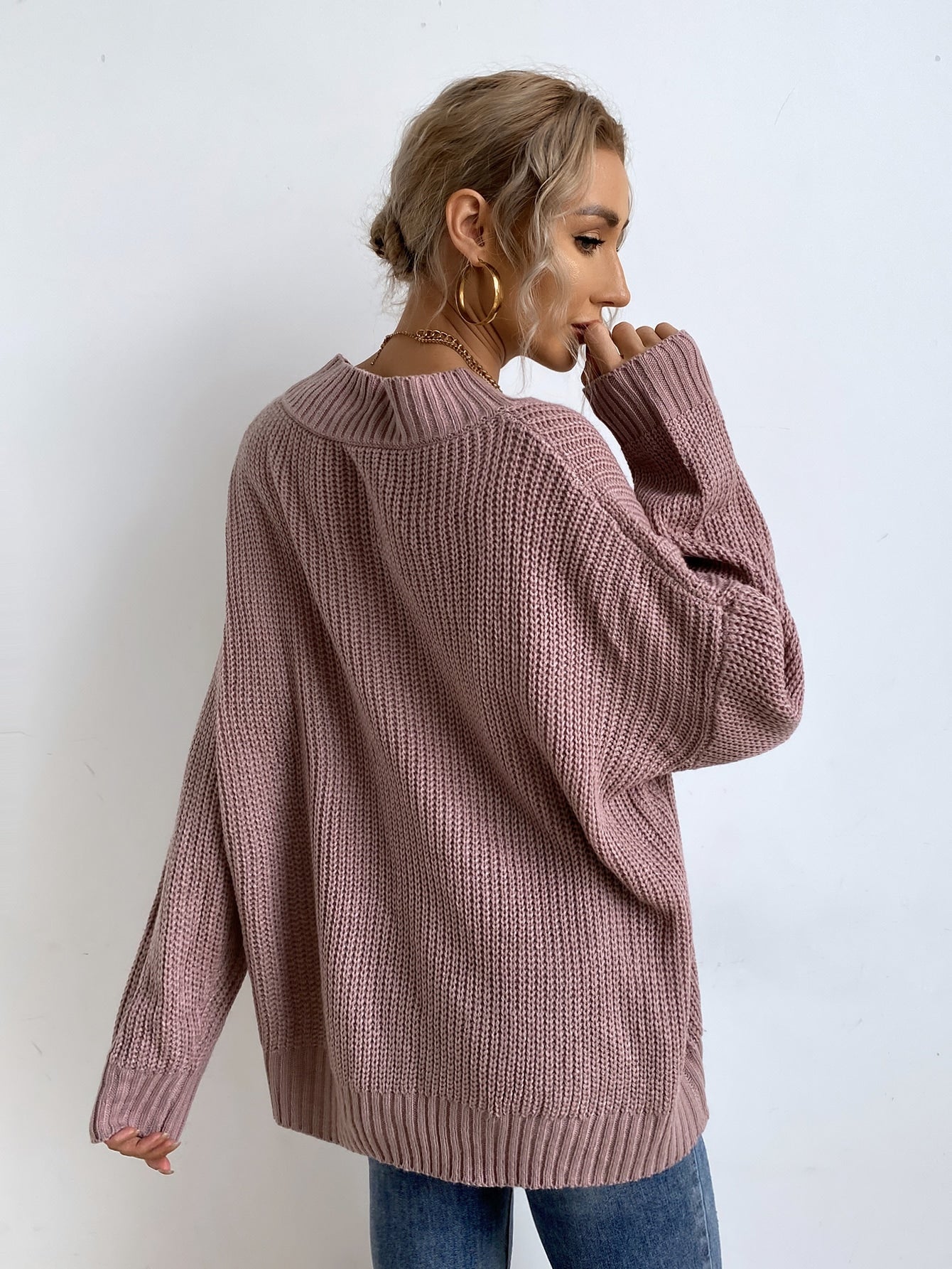 Mock Neck Ribbed Knit Drop Shoulder Sweater