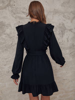 Guipure Lace Detail Flounce Sleeve Ruffle Trim Belted Dress