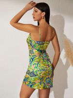 Allover Print Draped Collar Belted Cami Dress
