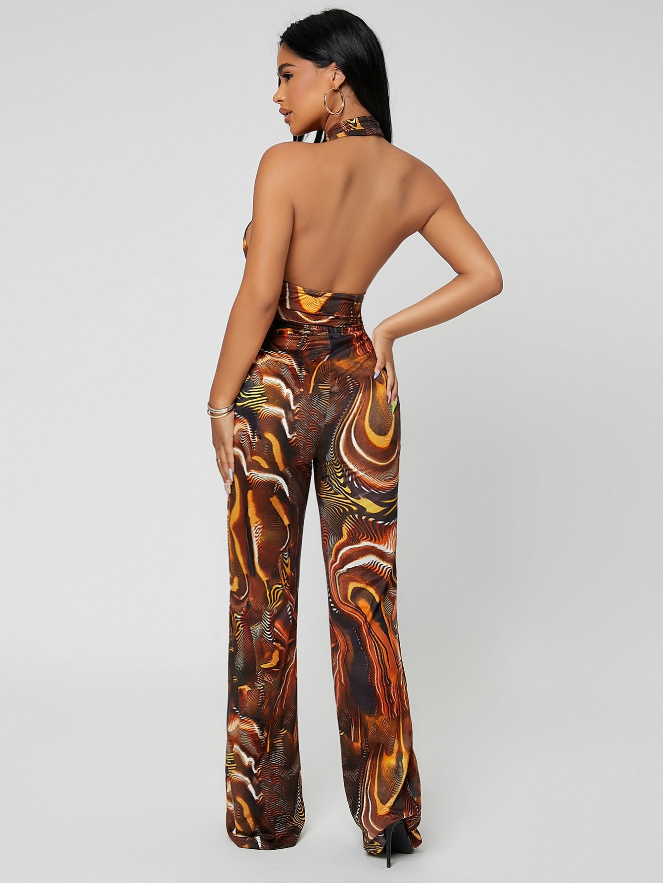 Zebra Stripe Crisscross Belted Backless Jumpsuit