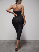 Ruched Cut Out Lace Up Front Halter Neck Bodycon Dress