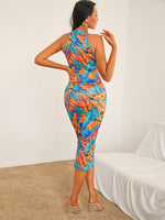 Halter Neck Floral Print Bodycon Dress