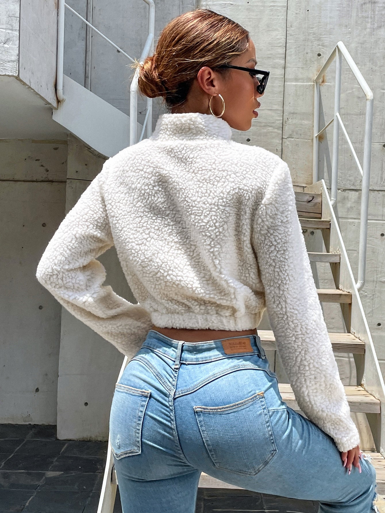 Half Zip Teddy Crop Sweatshirt