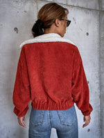 Borg Collar Drop Shoulder Flap Pocket Corduroy Jacket
