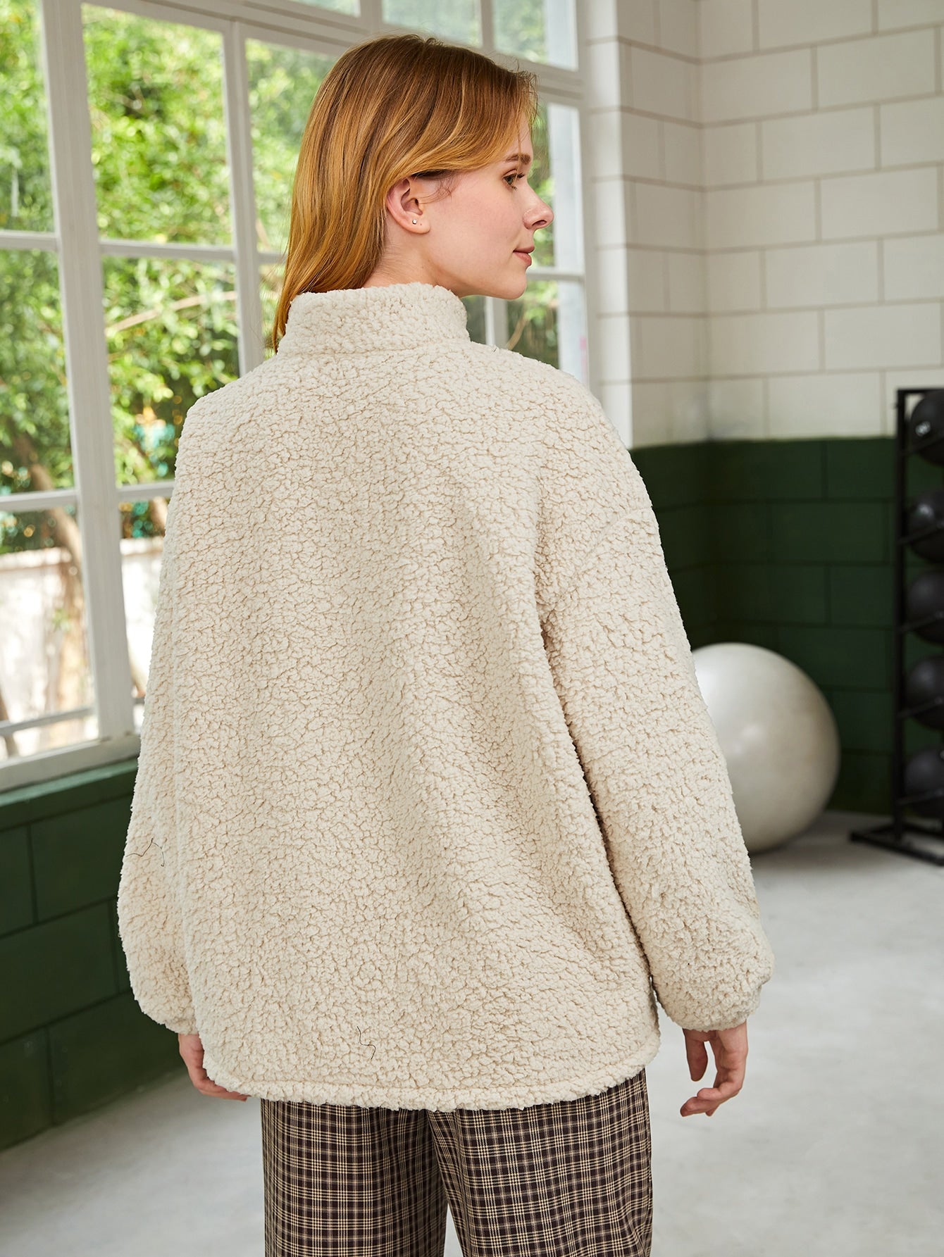 Letter Embroidery Slant Pockets Drop Shoulder Teddy Jacket