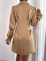 Gathered Sleeve Lace Up Front Shirt Dress