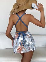 Plant Print Crisscross Swim Dress With Panty
