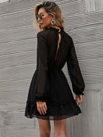 Swiss Dot Cut Out Tie Back Flounce Sleeve Ruffle Hem Belted Chiffon Dress
