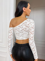 Asymmetrical Neck Hanky Hem Crop Lace Top