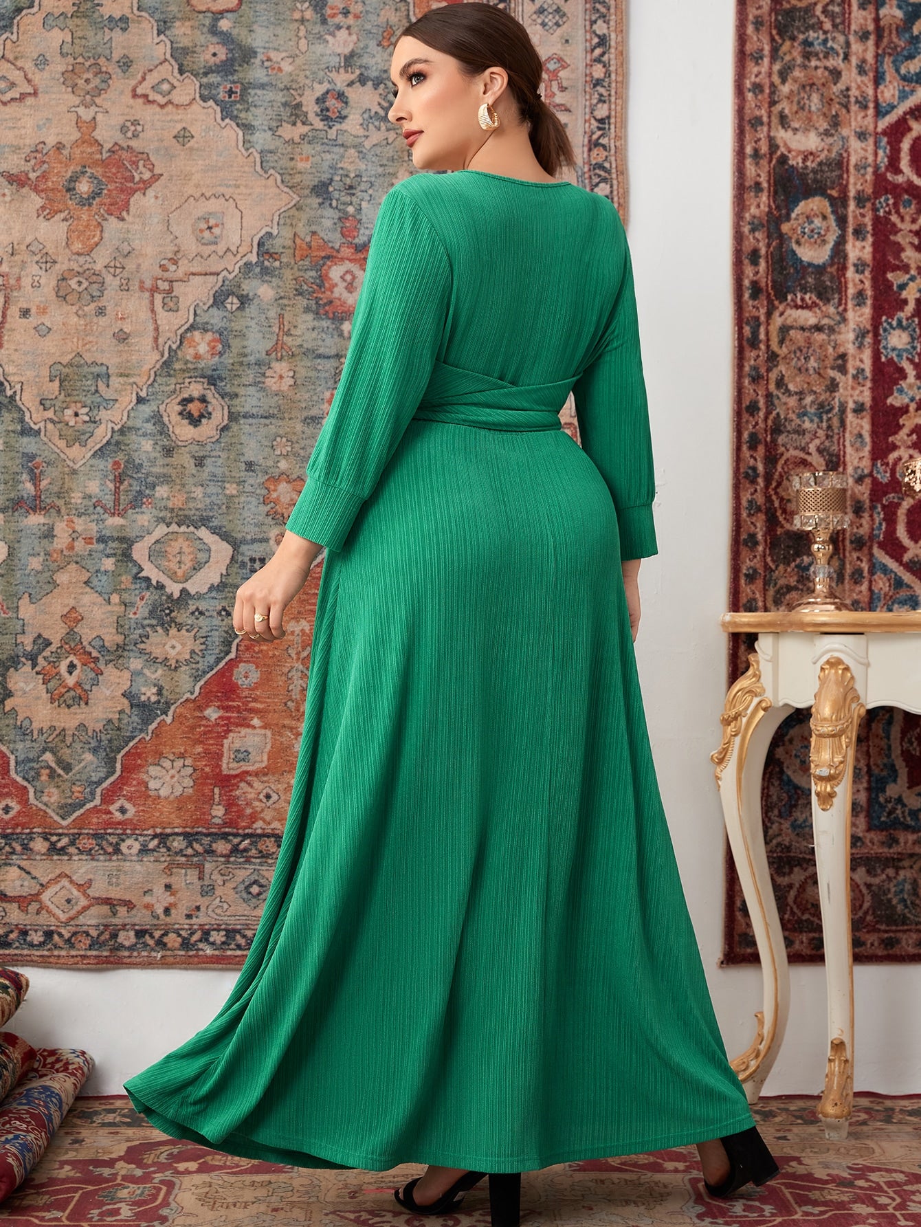 Plus Overlap Collar Bishop Sleeve Belted Dress