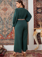 Plus Lantern Sleeve Embroidered Trim Jumpsuit