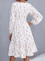 Allover Floral Print Square Neck Lantern Sleeve Ruffle Hem Dress
