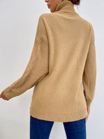 Drop Shoulder Turtle Neck Cable Knit Sweater