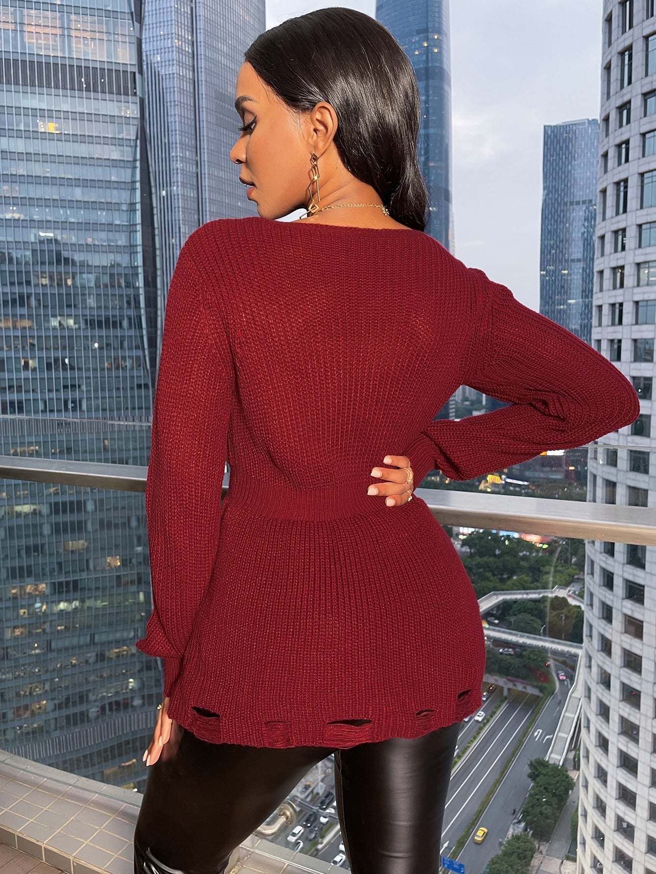 Lace Up Front Ripped Trim Sweater