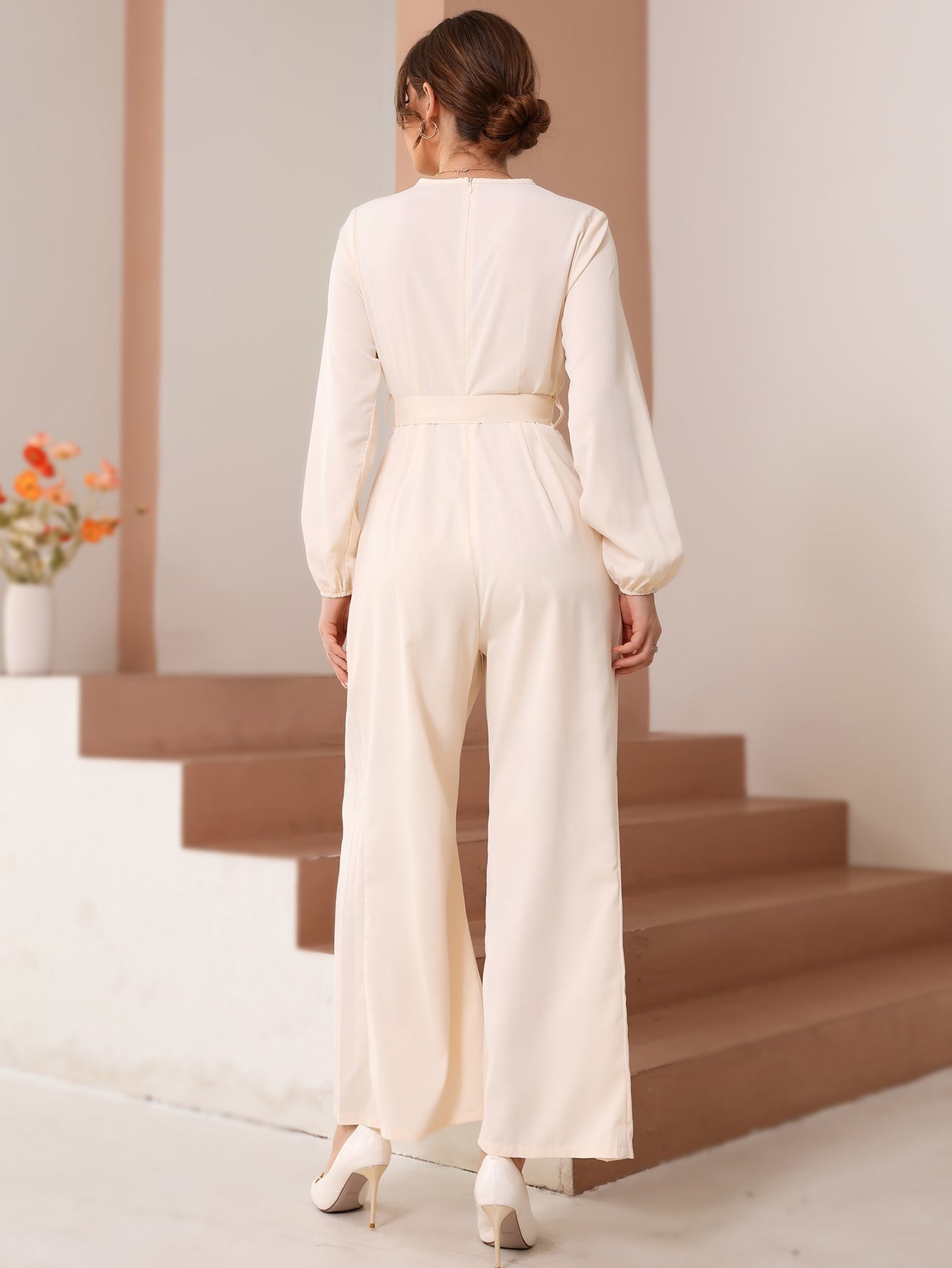 Lantern Sleeve Pleated Wide Leg Buckled Belted Jumpsuit