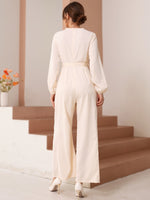 Lantern Sleeve Pleated Wide Leg Buckled Belted Jumpsuit
