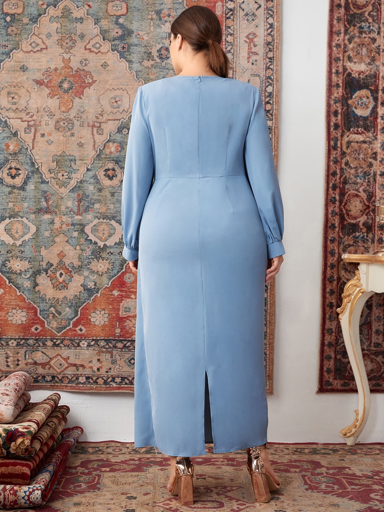 Plus Ruched Plicated Draped Front Lantern Sleeve Dress