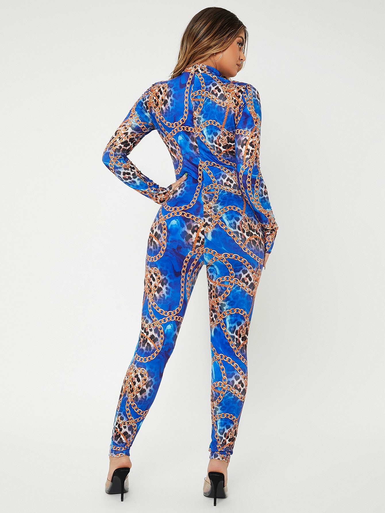 Chain & Leopard Print Zipper Detail Jumpsuit