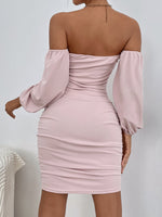 Ruched Off Shoulder Lantern Sleeve Bodycon Dress