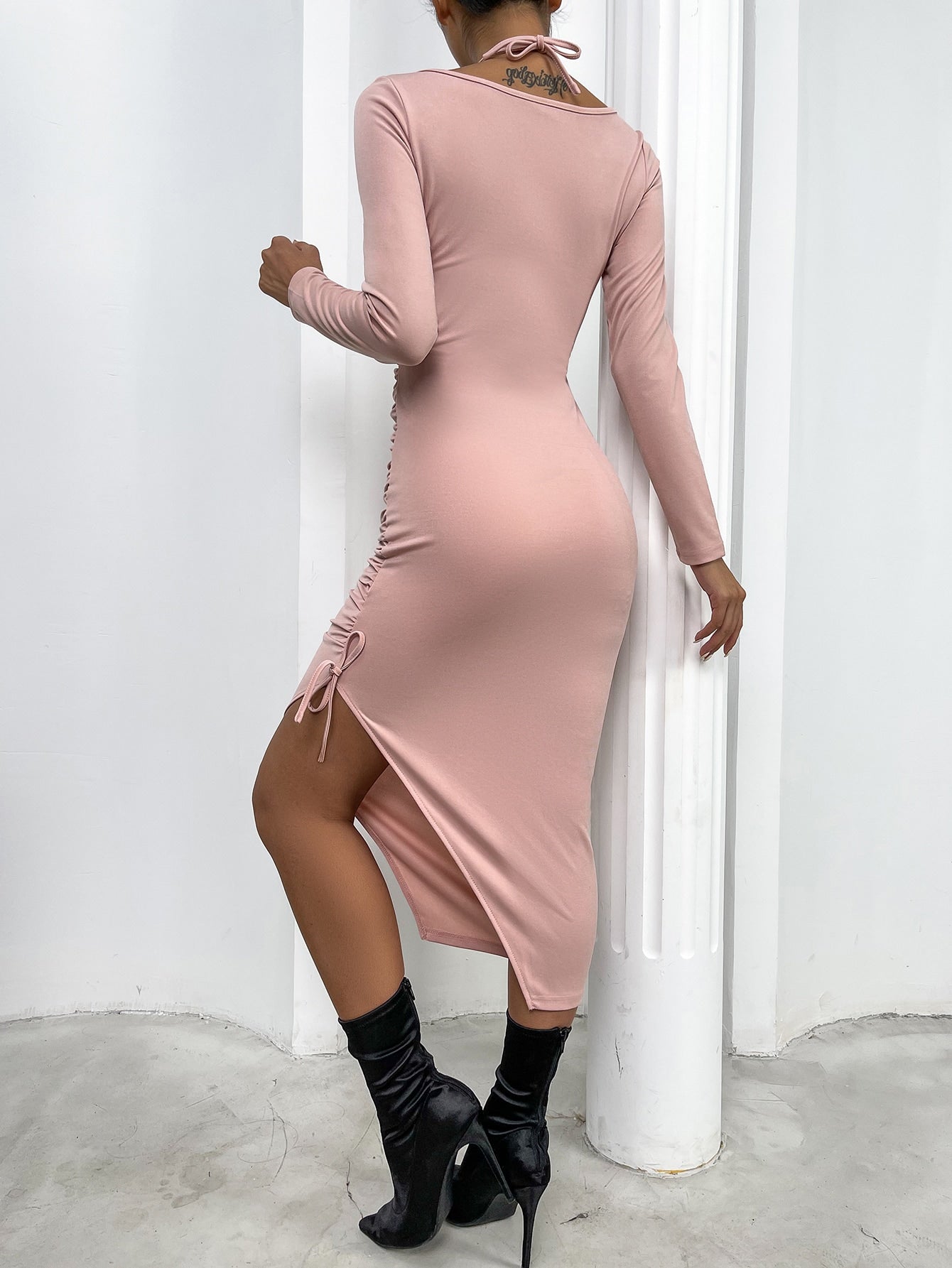 Cut Out Twist Ruched Tie Side Asymmetrical Hem Halter Bodycon Dress