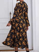 Allover Floral Print Plunging Neck Lantern Sleeve Slit Thigh Dress