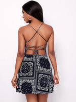 Paisley Scarf Print Lace Up Backless Dress